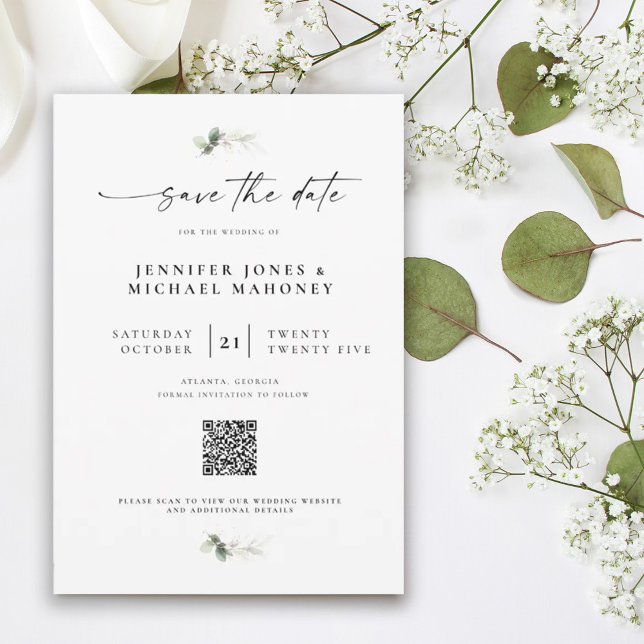 Elegantes Skript Foto QR Code Eukalyptus Hochzeit Save The Date (Von Creator hochgeladen)