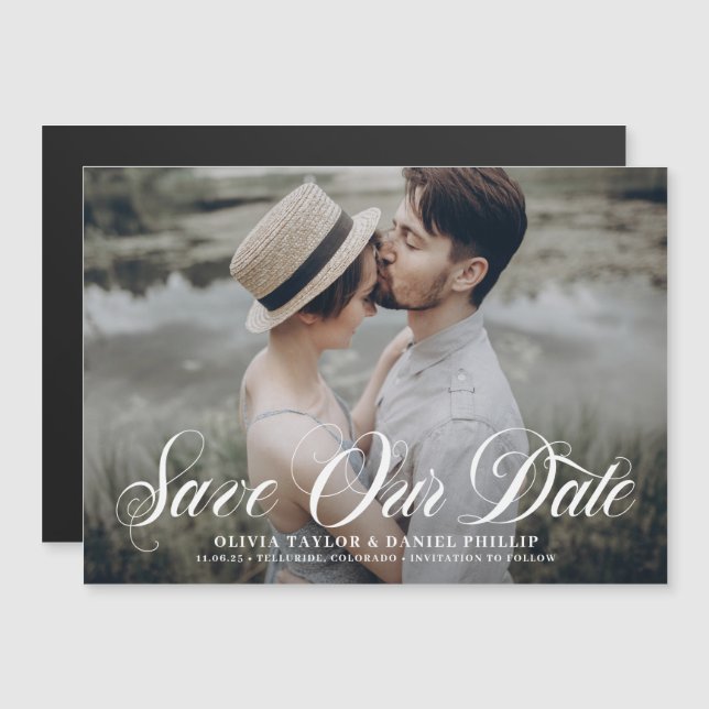 Elegantes Skript-Foto Save the Date Geblüht Magneteinladung (Vorne/Hinten)