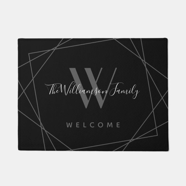 Elegantes Skript für schwarze graue Monogramm-Fami Fußmatte (Vorderseite)