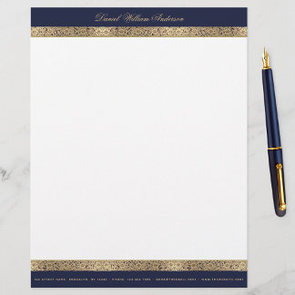 Elegantes Skript für Vintage Blumen Navy Blue Gold Briefbogen