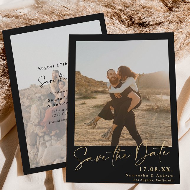 Elegantes Skript Gold einfache 2 Fotos Save the Da Save The Date (Von Creator hochgeladen)