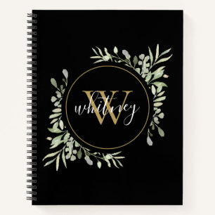 Elegantes Skript Grün Chic Gold Monogramm Schwarz Notizbuch