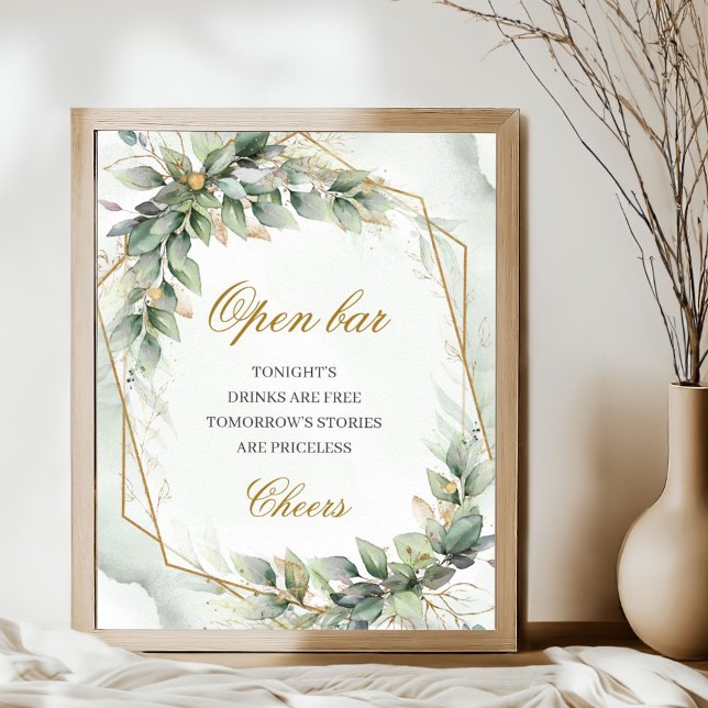 Elegantes Skript grünes Eukalyptus gold Offenes Ba Poster (Watercolor greenery foliage gold glitter wedding open bar sign poster)