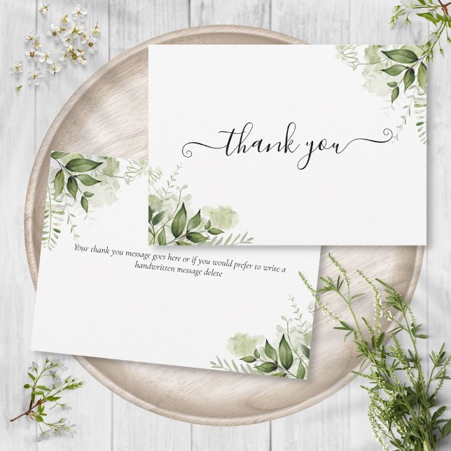 Elegantes Skript Grünpflanzen Blätter Dankeskarte (Elegant Script Greenery Leaves Thank You Card)