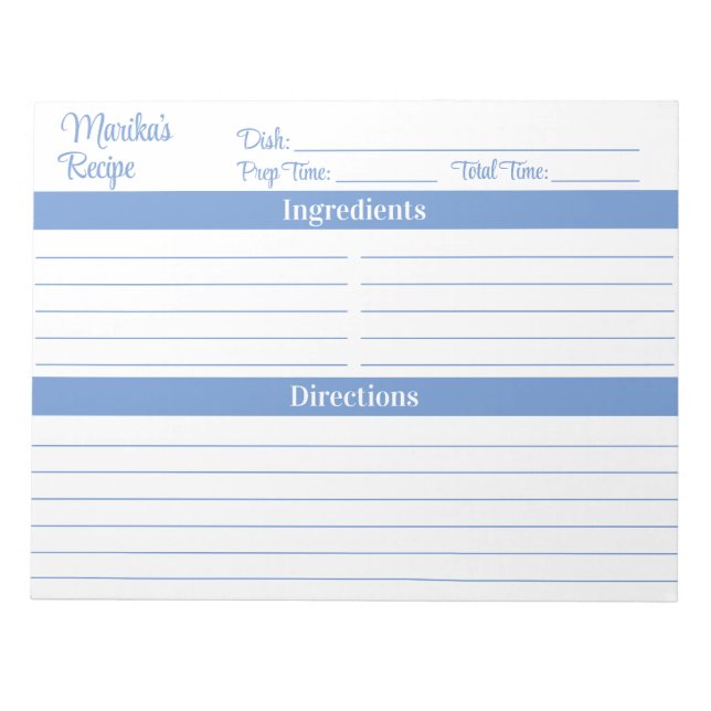 Elegantes Skript Hellblau 8,5x11 Rezepte Notizblock (Vorderseite)