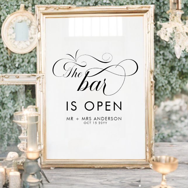 Elegantes Skript Hochzeit Die Bar ist Open Drinks Poster (Von Creator hochgeladen)