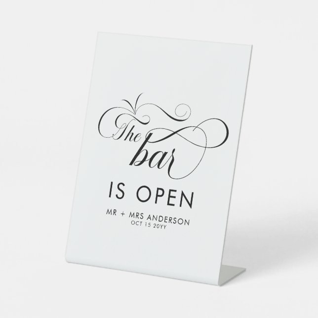 Elegantes Skript Hochzeit Die Bar ist Open Drinks Sockelschild (Vorderseite)