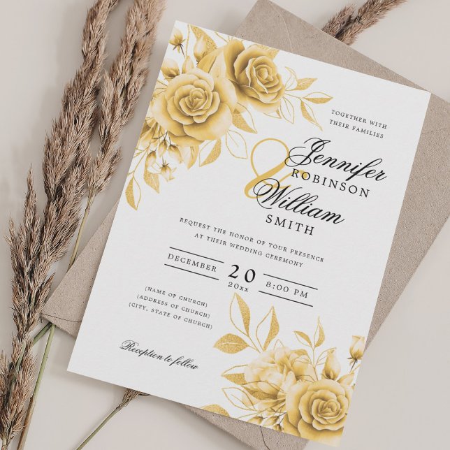 Elegantes Skript Hochzeit Gold Aquarellfarben Einladung (Elegant Script Wedding Gold Watercolor Floral Invitation)