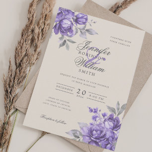 Elegantes Skript Hochzeit Lila Rustikale Blumen  Einladung