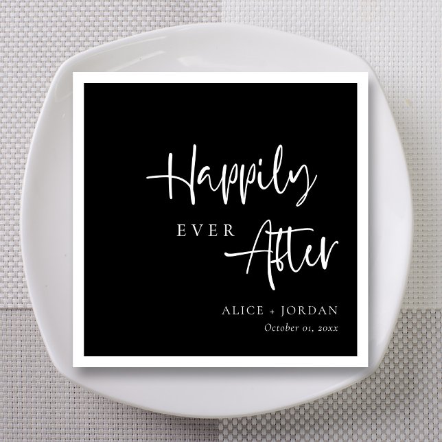Elegantes Skript Hochzeit Napkins glücklich immer  Serviette (Happily Ever After Black and White Heart Wedding Napkins)