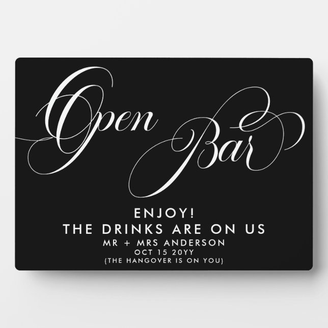 Elegantes Skript Hochzeit Open Bar Drink Menü Blac Fotoplatte (Vorderseite)