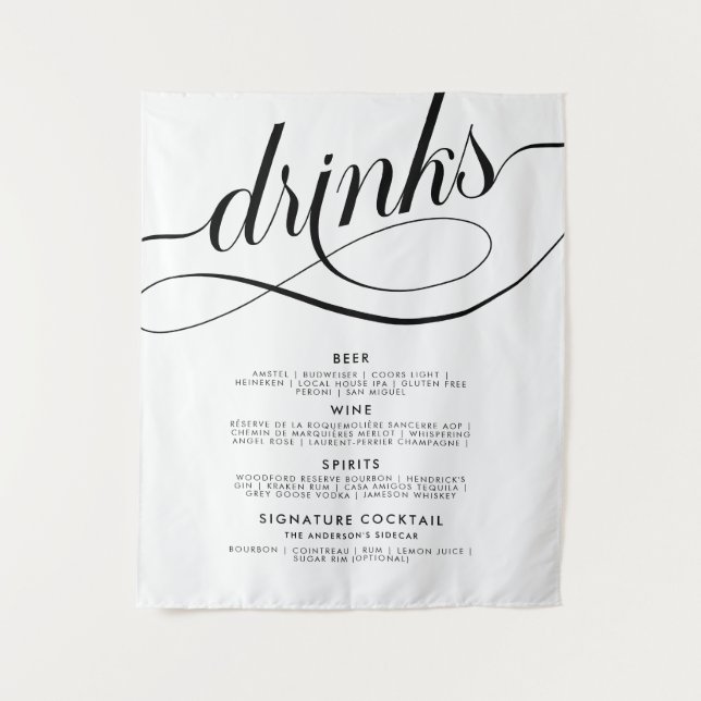 Elegantes Skript Hochzeitsgetränke Bar Menü Poster Wandteppich (Vorderseite)