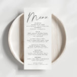 Elegantes Skript Hochzeitsmenü Menükarte<br><div class="desc">Dieses moderne, elegante Hochzeitsmenü besticht durch minimalistisches Design und einen einzigartigen Schriftart. Alle Farben können bearbeitet werden. // Für passende Designs, suchen Sie "ALICE" in der Sincerely By Nicole Zazzle Store. * Wenn Ihnen dieses Design gefällt, Sie es aber nicht für etwas finden, das Sie suchen, wenden Sie sich bitte...</div>