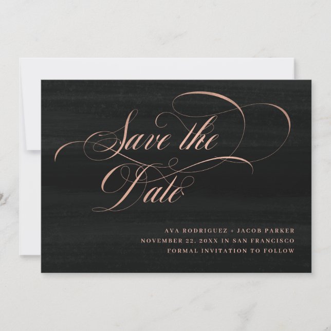 Elegantes Skript | Imitate Rose Gold und Schwarz Save The Date (Vorderseite)