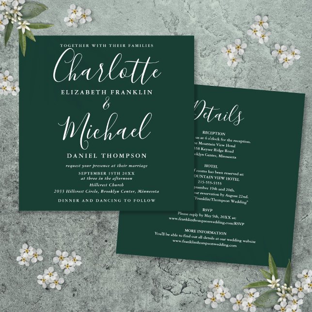 Elegantes Skript in einer Smaragdgrünen Hochzeit Einladung (Elegant Script All In One Emerald Green Wedding Invitation)