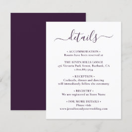Elegantes Skript Lila Hochzeitdetails Begleitkarte