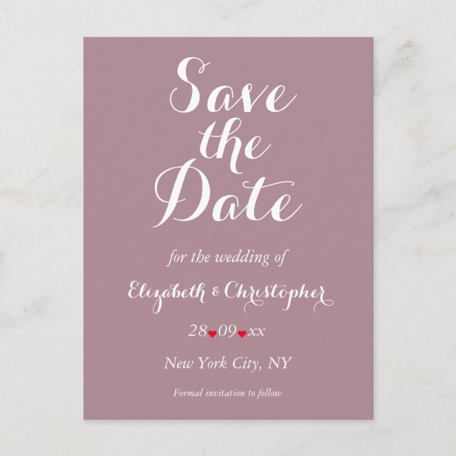 Elegantes Skript Mauve Wedding Save the Date Postkarte (Vorderseite)