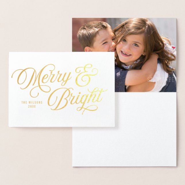Elegantes Skript Merry and Bright mit Foto Folienkarte (Anzeige)