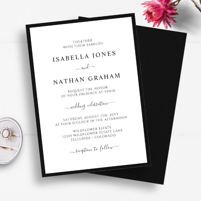 Elegantes Skript Minimalistisch Schwarz und Weiß H Einladung (Elegant Script Minimalist Black and White Wedding Invitation by Painted Paperie
)