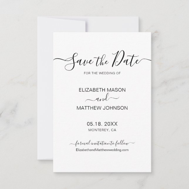 Elegantes Skript Minimalistisch Schwarz und Weiß H Save The Date (Vorderseite)
