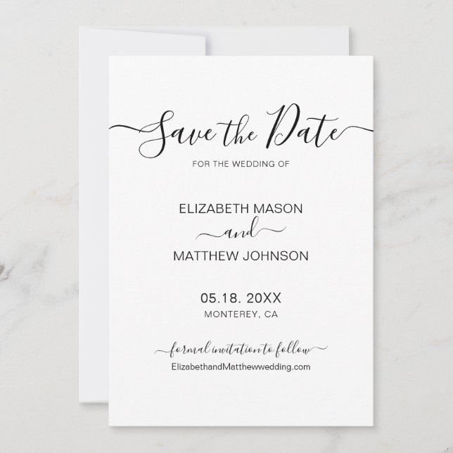 Elegantes Skript Minimalistisch Schwarz und Weiß H Save The Date (Vorderseite)