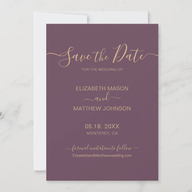 Elegantes Skript Minimalistische Mauve- und Goldho Save The Date (Vorderseite)