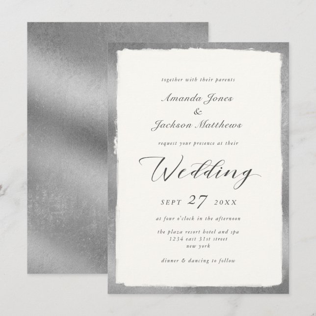 Elegantes Skript mit Silver Semi Formal Wedding Einladung (Vorne/Hinten)