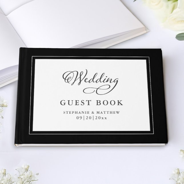 Elegantes Skript Moderne Namen Wedding Black & Whi Gästebuch (Elegant Script Modern Names Wedding Black & White Guest Book)