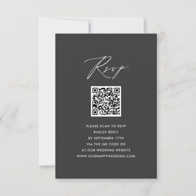 Elegantes Skript Modernes Gray Simple QR Wedding R RSVP Karte (Vorderseite)
