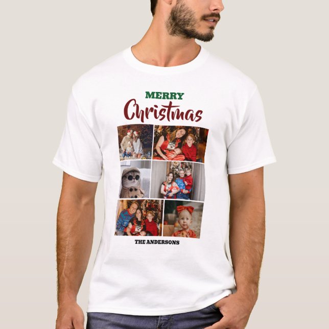 Elegantes Skript Modernes Weihnachtsfamilien-Foto T-Shirt (Vorderseite)