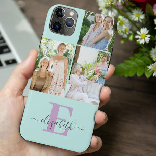 Elegantes Skript-Monogramm 3 Foto Mint und Lila Case-Mate iPhone Hülle