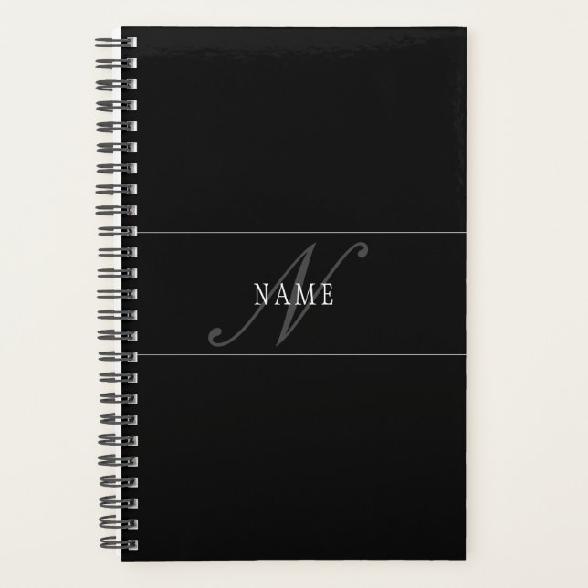 Elegantes Skript-Monogramm editierbar Schwarz Grau Planer (Vorderseite)