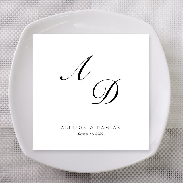 Elegantes Skript-Monogramm-Hochzeit Serviette (Sleek script monogram wedding napkins with names and date)