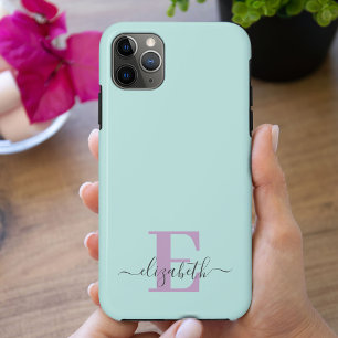 Elegantes Skript-Monogramm Mint und Lila Case-Mate iPhone Hülle
