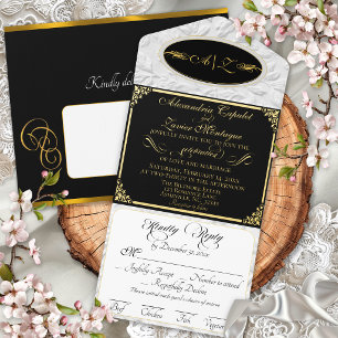 Elegantes Skript, Monogramm & Rahmen - Schwarz/Gol All-in-One-Einladung