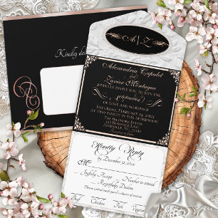 Elegantes Skript, Monogramm & Rahmen - Schwarz/Ros All-in-One-Einladung