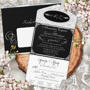Elegantes Skript, Monogramm & Rahmen - Schwarz/Sil All-in-One-Einladung