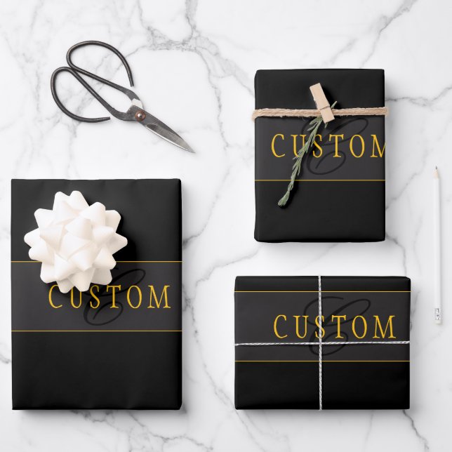 Elegantes Skript-Monogramm Schwarz & Gold Geschenkpapier Set (Vorderseite)