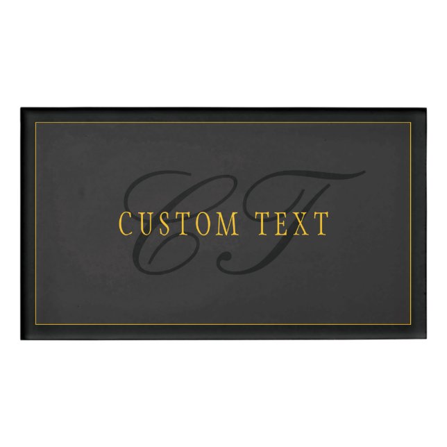 Elegantes Skript-Monogramm Schwarz & Gold Namenschild (Vorderseite)