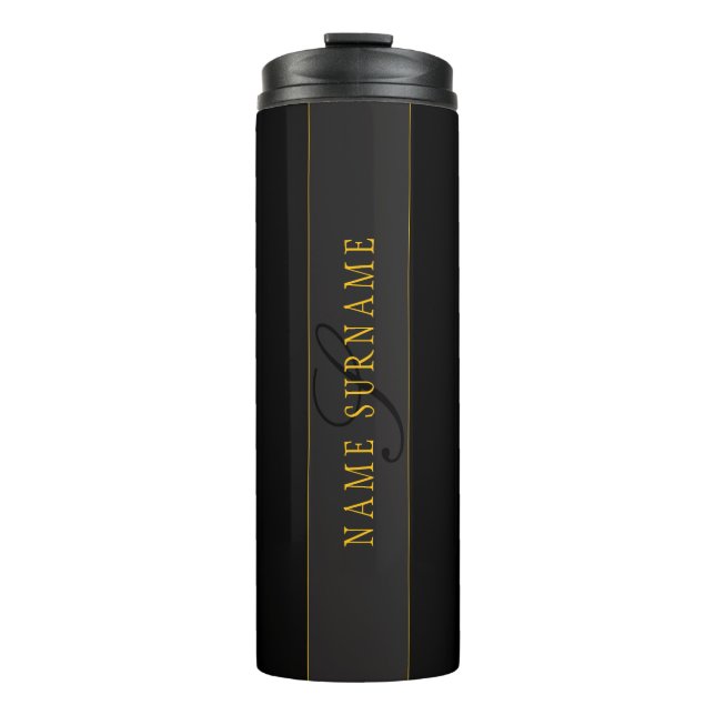 Elegantes Skript-Monogramm Schwarz & Gold Thermosbecher (Vorderseite)