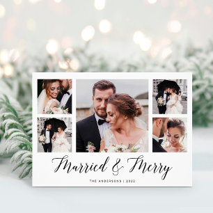 Elegantes Skript Multi-Foto-Raster Verheiratet und Feiertagskarte