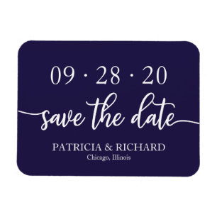 Elegantes Skript Navy Blau Hochzeit Termin vormerk Magnet