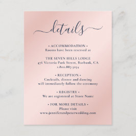 Elegantes Skript Navy Blue and Blush Wedding Detai Begleitkarte