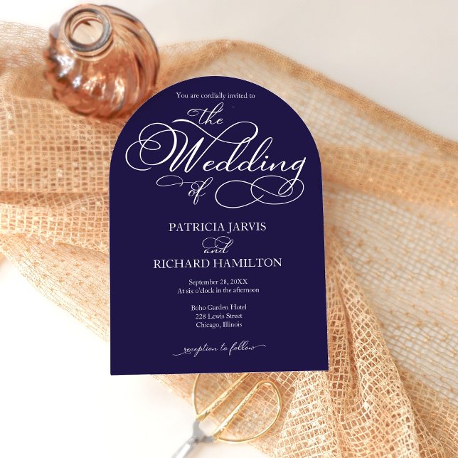 Elegantes Skript Navy Blue and White Wedding Einladung (Von Creator hochgeladen)