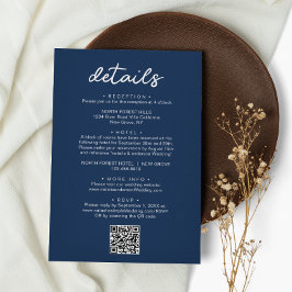 Elegantes Skript Navy Blue QR Code Hochzeitdetails Begleitkarte