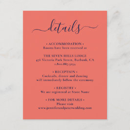 Elegantes Skript Navy Blue und Coral Wedding Detai Begleitkarte