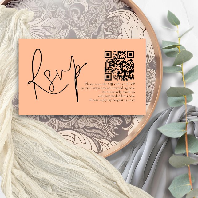 Elegantes Skript Peach QR Code Hochzeit RSVP Begleitkarte (Von Creator hochgeladen)