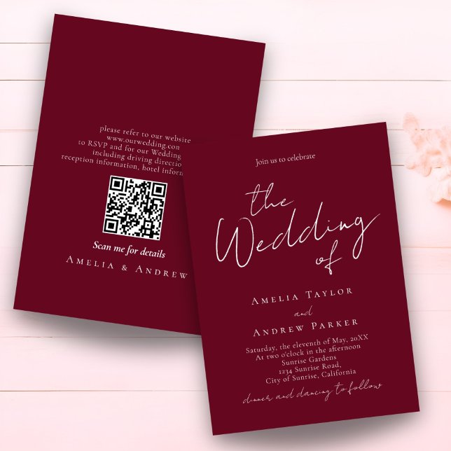 Elegantes Skript-QR-Code Bordeaux Weiße Hochzeit Einladung (Von Creator hochgeladen)