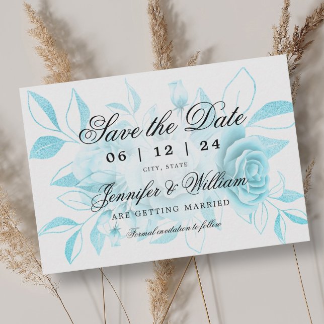 Elegantes Skript Romantische Hochzeit Türkis Flora Save The Date (Elegant Script Romantic Wedding Turquoise Floral Save The Date)