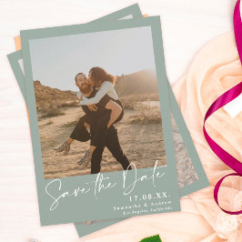 Elegantes Skript sage grün 2 Fotos Save the Date